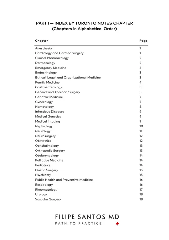 Topic Priority List for the MCCQE, sample page 2 of 6: the index by Toronto Notes chapter, opens full size