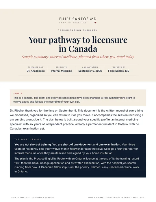 Sample summary page 1: cover, the sample note and the short version