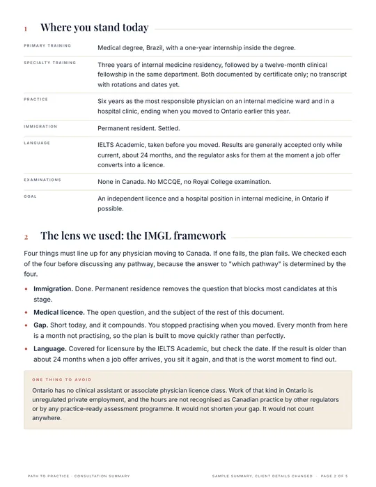 Sample summary page 2: where you stand today and the IMGL framework
